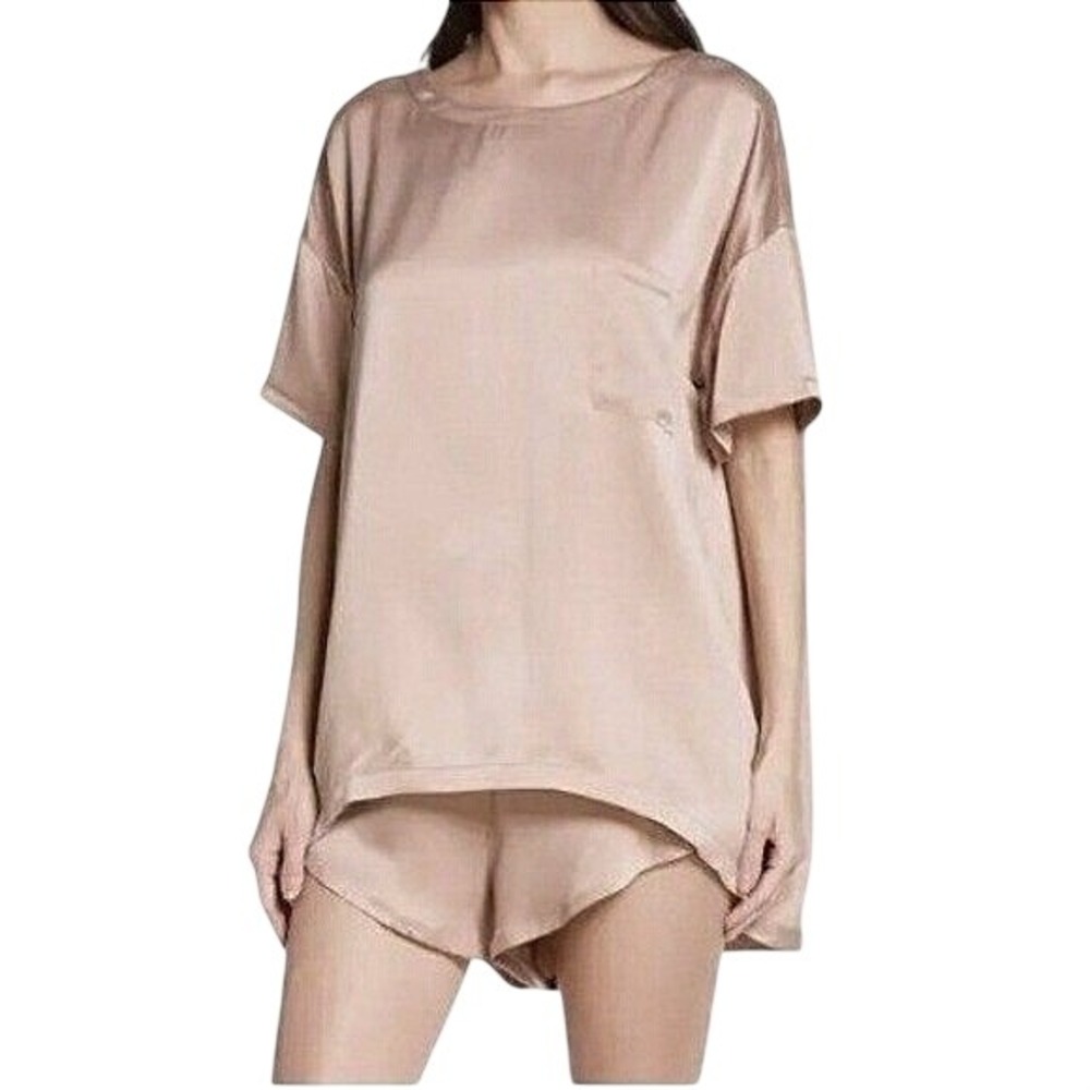 Lunya Womens Tan Washable Silk Sleep Set Top & Shorts‎ Comfy Luxury Loungewear